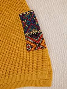 Plus Size Casual V-Neck Random Print Pocket Knit Sweater Dress - Turmeric - View 4