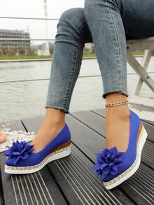 1 Pair Navy Pearl Linen Lotus Thick Platform Pointed Toe Slip-On Casual Comfortable Non-Slip Loafers, Versatile Women Shoes Suitable For Halloween, Sports, Casual, Home, Office, Party, Wedding, All Seasons