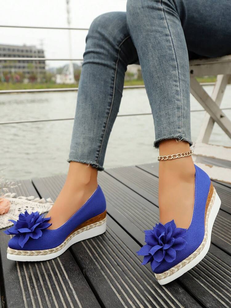 1 Pair Navy Pearl Linen Lotus Thick Platform Pointed Toe Slip-On Casual Comfortable Non-Slip Shoes, Versatile Women Shoes Suitable For Halloween, Sports, Casual, Home, Office, Party, Wedding, All Seasons - Blue - View 6