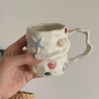 Cốc cà phê gốm sứ họa tiết vỏ sò mùa hè sáng tạo 300ml, tách trà gốm sứ vẽ tay, cốc nước hốc tường dễ thương, cốc Latte Art, cốc quà tặng nữ tính, cốc thủy tinh vẽ tay 3D cổ điển, cốc gốm sứ họa tiết vỏ sò bất đối xứng, tách trà sáng tạo