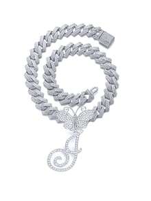 银色女士项链 A-Z 首字母个性化嘻哈经典蝴蝶字母吊坠链项链和手链套装饰物 26 个幸运字母，适合男女日常佩戴情人节时尚珠宝礼物，妈妈，母亲，母亲节，礼物 - 蝴蝶型 - 查看 53