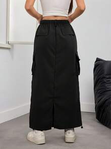 brightphoto Solid Color Retro Utility Skirt, Elegant Drawstring Street Style Everyday Wear, Spring/Summer/Autumn Black - Black - View 3