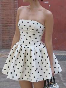 New Style Strapless Waist-Cinching A-Line Short Skirt With Polka Dots And Bow Embellishments - 白色 - 查看 5
