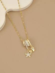 1 件时尚方晶锆石几何不锈钢女士项链，适合日常佩戴，饰有海星、贝壳、足迹、八瓣花、蝴蝶、莲花、八角星、向日葵、硬币徽章，金色首饰，高品质镀金项链，女士黄金首饰，万圣节礼物，圣诞节礼物 - 海星貝殼 - 查看 2