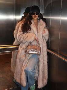 Manteau en fausse fourrure rayé bicolore de luxe pour femmes, automne/hiver - Nude - Voir 2
