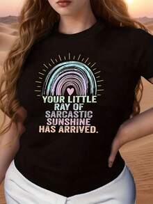 Camiseta gráfica Sarcastic Sunshine para mujer, diseño moderno de corazón de arcoíris, camiseta informal de manga corta, tela de mezcla de algodón cómoda y elegante, perfecta para uso diario. - Negro - Ver 1
