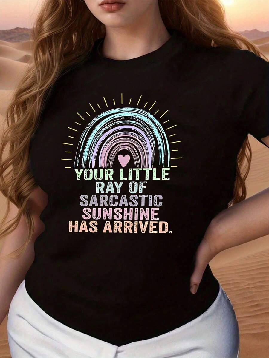 Camiseta gráfica Sarcastic Sunshine para mujer, diseño moderno de corazón de arcoíris, camiseta informal de manga corta, tela de mezcla de algodón cómoda y elegante, perfecta para uso diario. - Negro - Ver 1