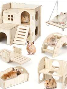 Hamster Toys, Wooden Furniture, Hamster Cage Supplies, Wooden Running Wheel, Villa Swing, Wooden Nest, Chew-Resistant Small House - Hamster House 6-piece Set - View 11