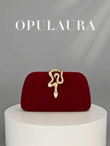 OpulAura 女士复古时尚天鹅绒手拿包，蛇扣设计，欧美风格，高端简约盒形手提包，适合婚礼、庆典、正式活动、派对、单肩包、高品质链条肩带 - 酒紅色 - 查看 1