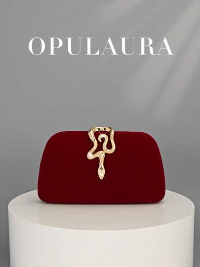 OpulAura Women's Retro Fashion Velvet Clutch Bag, Snake Buckle Design, European & American Style, High-End Minimalist Box-Shaped Handbag Suitable For Weddings, Galas, Formal Events, Parties, Shoulder Bag, High-Quality Chain Strap