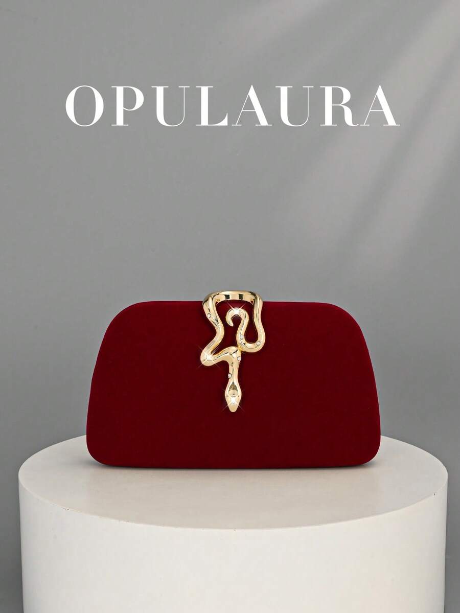 OpulAura 女士复古时尚天鹅绒手拿包，蛇扣设计，欧美风格，高端简约盒形手提包，适合婚礼、庆典、正式活动、派对、单肩包、高品质链条肩带 - 酒紅色 - 查看 1