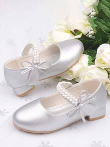 女童珍珠公主鞋，白色皮鞋，中跟，春秋 - 灰色 - 查看 4