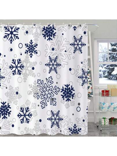 Christmas Shower Curtain, Xmas Snowflake Winter New Year Holiday Bathroom Curtain Waterproof Fabric Machine Washable With Hooks Bathroom Decor