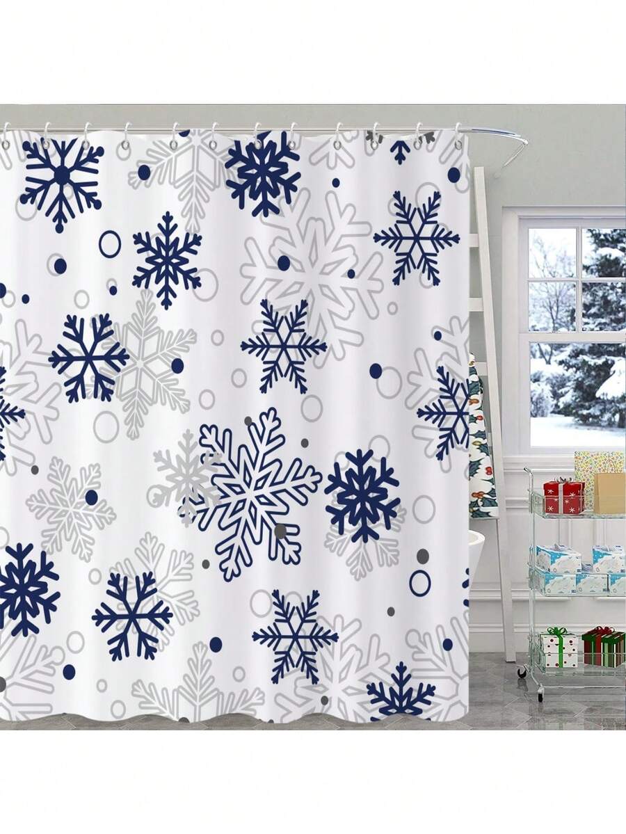 Christmas Shower Curtain, Xmas Snowflake Winter New Year Holiday Bathroom Curtain Waterproof Fabric Machine Washable With Hooks Bathroom Decor
