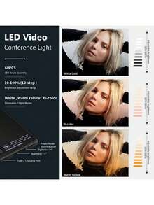 50 厘米三脚架自拍环形灯，60 个 LED 灯珠可充电，带夹式配件，3 种可调模式 - 适用于智能手机/笔记本电脑视频通话、自拍、Vlog 和化妆照明 - 黑色 - 查看 4