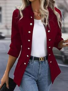 Women's Simple And Elegant Double-Breasted Button-Front Blazer - Women's Work Jacket. Stylish Long-Sleeved Jacket With Office-Style Faux Pockets. Black Polyester Jacket With Flap Pockets. Elegant Temperament Shows Unique Taste - Đỏ - Xem 1