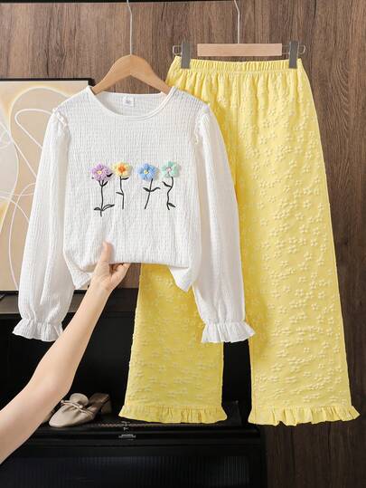 Left Mama 2 件套青少年女孩可爱花卉 3D 装饰长袖上衣和图案裤子套装，春秋