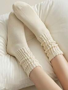 1 Pair Cream Colored Ribbed Slouch Socks For Women, Soft Cozy Vintage Ruffled Ankle Socks, Casual Daily Wear Comfortable Knit Socks