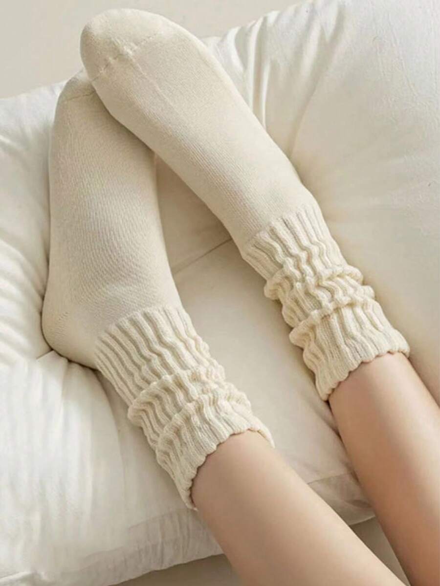 1 Pair Cream Colored Ribbed Slouch Socks For Women, Soft Cozy Vintage Ruffled Ankle Socks, Casual Daily Wear Comfortable Knit Socks