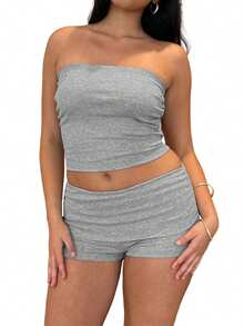 Autumn Clothes Women's Workout Shorts Set Slim Fit Solid Color Strapless Tops And Mid Rise Shorts 2 Pcs Outfits - Grey - View 7