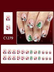 24pcs Short European-Style Square False Nails, Christmas Short Shiny Square Armor With Rattan Light Christmas Tree Glitter Nails, Full Coverage Removable Nail Set, Suitable For Parties, Dances, And Everyday Wear. - Multicolor - View 2