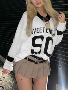 كنزة صوفية نسائية جديدة الطراز بياقة على شكل حرف V بتباين لوني، قماش جاكار فضفاضة بأكمام طويلة منسدلة، طراز رياضي كاجوال أمريكي كلاسيكي، مناسبة للخريف والشتاء