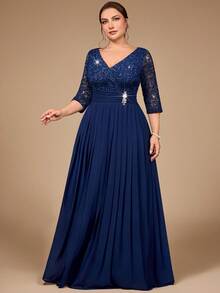 Đầm dài dự tiệc trang trọng, cổ chữ V, đính sequin, ren hoa, tay lỡ 3/4, đính đá, eo nhún, xếp ly tương phản, chất liệu chiffon, thích hợp cho đám cưới, sinh nhật, lễ tốt nghiệp, tiệc tối, cỡ lớn, thanh lịch, mùa xuân. - Màu xanh hải quân - Xem 4