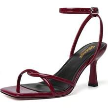 RIBONGZ Women's Heeled Sandals Square Open Toe Kitten Strappy Heels With Ankle Strap Elegant Summer Wedding Party Evening Prom Daily Wear Lace Up Dress ShoesChristmas - 酒紅色 - 查看 1