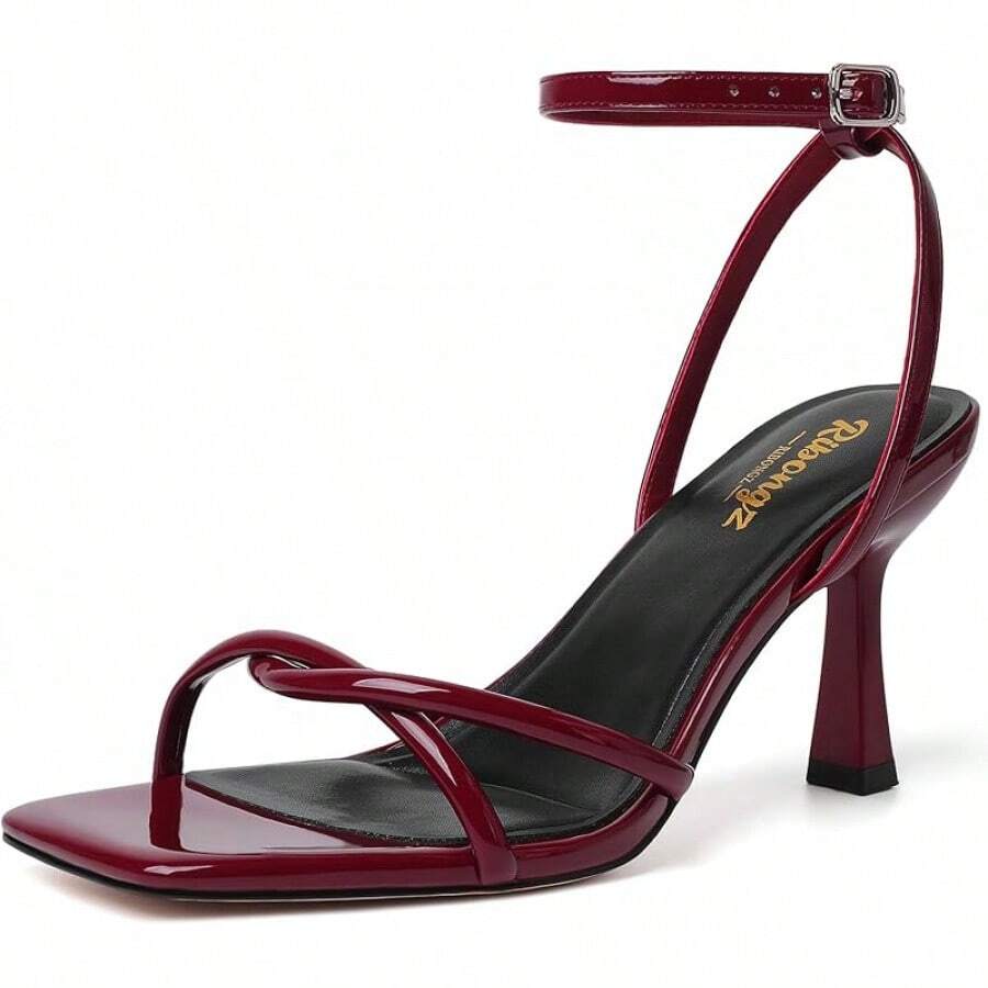 RIBONGZ Women's Heeled Sandals Square Open Toe Kitten Strappy Heels With Ankle Strap Elegant Summer Wedding Party Evening Prom Daily Wear Lace Up Dress ShoesChristmas - 酒紅色 - 查看 1