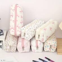 1pc Soft Fabric Pencil Case With Floral Print & Bow Patterns - Elegant Zippered Stationery Organizer For Office, Travel - Mixed Colors, Metal Zippers, Gift For Friends, Pencil Case Pouch, Supplies, Playful Design, Charming Design,Back To School,Bag - Multicolor - View 3