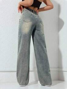 Teenage Girls' Minimalist Fashion Casual Straight Leg Jeans With Pockets - Light Wash - View 2