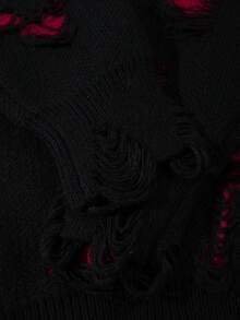 ANDREILEE Men's Casual Loose Fit V-Neck Pullover Sweater, Distressed Black Long Sleeve, Versatile Street Style, Suitable For Spring, Autumn, Winter - Black - View 6