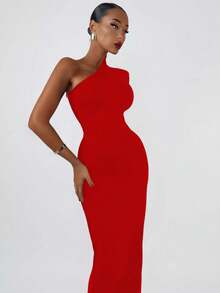 Christmas Women's Fashion Spring Summer Sexy Elegant Red Long Sleeve One Shoulder Long Bodycon Dress Party Cocktail Evening Dress Clothes - Red - View 6