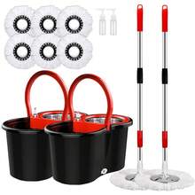 Mop And Bucket Set, 360° Spin Mop And Bucket With Wringer Set And 6 Microfiber Mop Refills, Stainless Steel 61" Extended Handle Spinning Mop Bucket System For Floor Cleaning (2 Sets) - 黑色 - 查看 8
