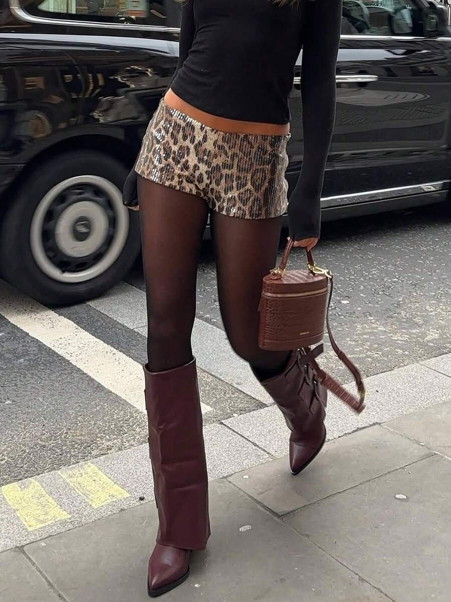 Sexy Sparkly Leopard Print Party Holiday Shorts - Brown - View 1