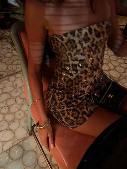Sexy Chic Sparkly Leopard Print Sequin Bodycon Party Dress