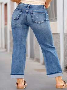 Plus Size Women's Distressed Denim Jeans - Medium Wash Blue Long Pants - Comfortable And High Quality - Medium Wash - View 2