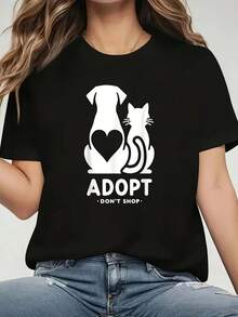 Camiseta Casual De Manga Corta Para Mujer - Estampado De Concienciación Sobre La Adopción Animal, Mezcla Elástica De Poliéster-Spandex, Cuello Redondo Lavable A Máquina Para Primavera Y Verano, Camiseta Con Gráfico De Corazón, Ajuste Cómodo - Carbón - Ver 2