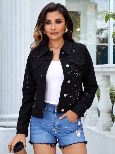 Chaqueta Vaquera con Estampado de Tinta Arrojada, Estilo Individual y Trendy