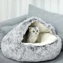 柔软封闭式猫窝带帽宠物洞穴 - 舒适毛绒外壳设计，适合猫咪和小狗 - 彩色 - 查看 6