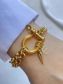 1pc STYLEVER Gold-Color A-Z Letter Bracelet, Rhinestone Letter, Horseshoe Clasp Bracelet, Heart Pendant Bracelet, Stainless Steel Chain, Christmas Gift, Halloween Gift - Golden - View 12