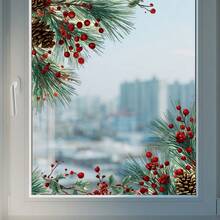 1pc Christmas Wreath Border Static Cling Window Film - 2D Glass Sticker With Red Berries, Pine Cones Design, Self-Adhesive Easy Peel & Stick, Removable PVC Decorative Film For Home/Office Holiday Window Decor - Multicolor - View 2