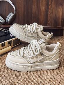 Men's Canvas Sneakers, Fashionable Casual Thick Sole Distressed Slip-On Shoes, Student Shoes - Beige - View 3