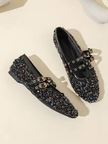 Women's Round Toe Flat Mary Jane Shoes With Metallic Accent, Fall, Autumn, Fashion Slip-On Flats