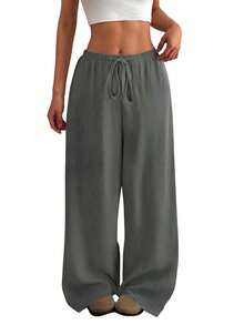 Women's Trousers Drawstring Elastic Waist Soild Color Loose Wide Leg Pants With Pockets - Light Grey - View 4