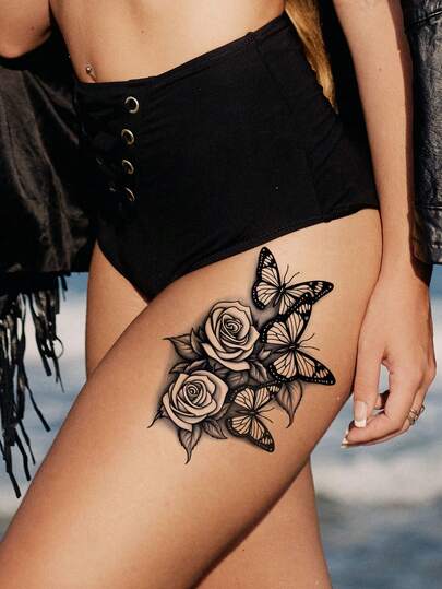 STARTTOOS 1pc Black Mysterious Flower & Butterfly Pattern Temporary Body Tattoo Sticker For Chest, Back, Arm