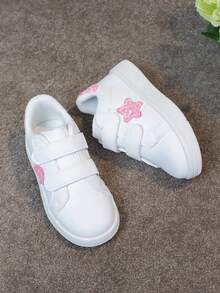 1 Pair Kids Versatile Hook And Loop Breathable White Sneakers With Embroidered Bow, Chinese Knot Decor, Fashion Casual Flat Shoes For Girls And Boys - 粉色 - 查看 3