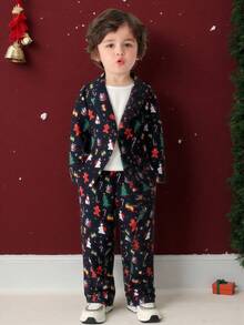 2pcs Christmas Element Print Long Sleeve Gentleman Jacket And Pants Set For Young Boys, Suitable For Holidays, Parties, And Performance Programs - Multicolor - View 1