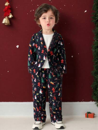 2pcs Christmas Element Print Long Sleeve Gentleman Jacket And Pants Set For Young Boys, Suitable For Holidays, Parties, And Performance Programs