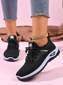 大码女士畅销百搭轻便休闲运动鞋，时尚舒适针织/系带/双色鞋底跑步鞋 - 黑色 - 查看 10